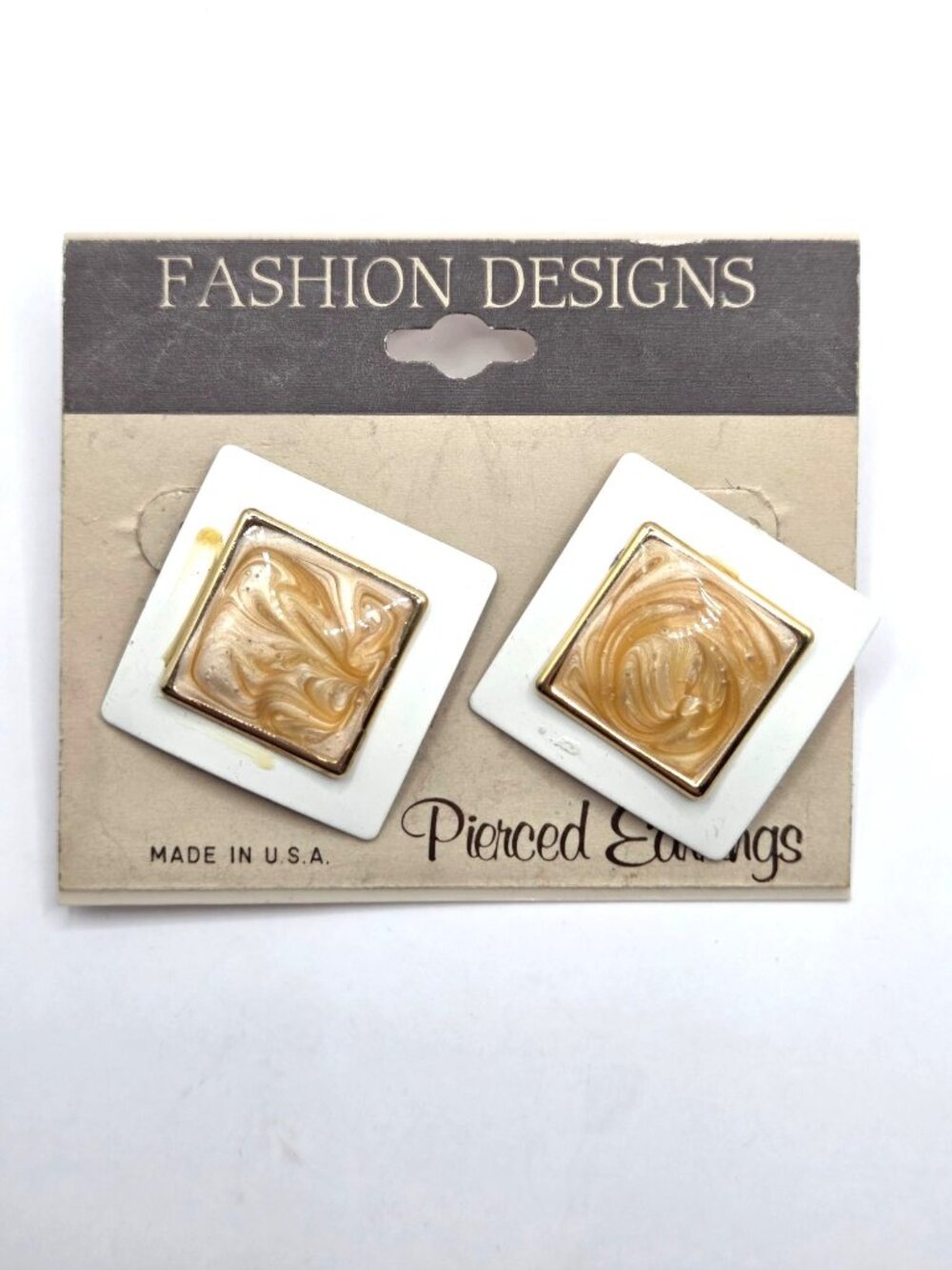 Vintage Gold-Tone White Square Pierced Earrings
